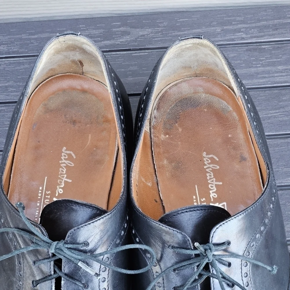 Salvatore Ferragamo Studio Italy Black Leather Wingtip Brogue Oxford Shoe 11.5 D
